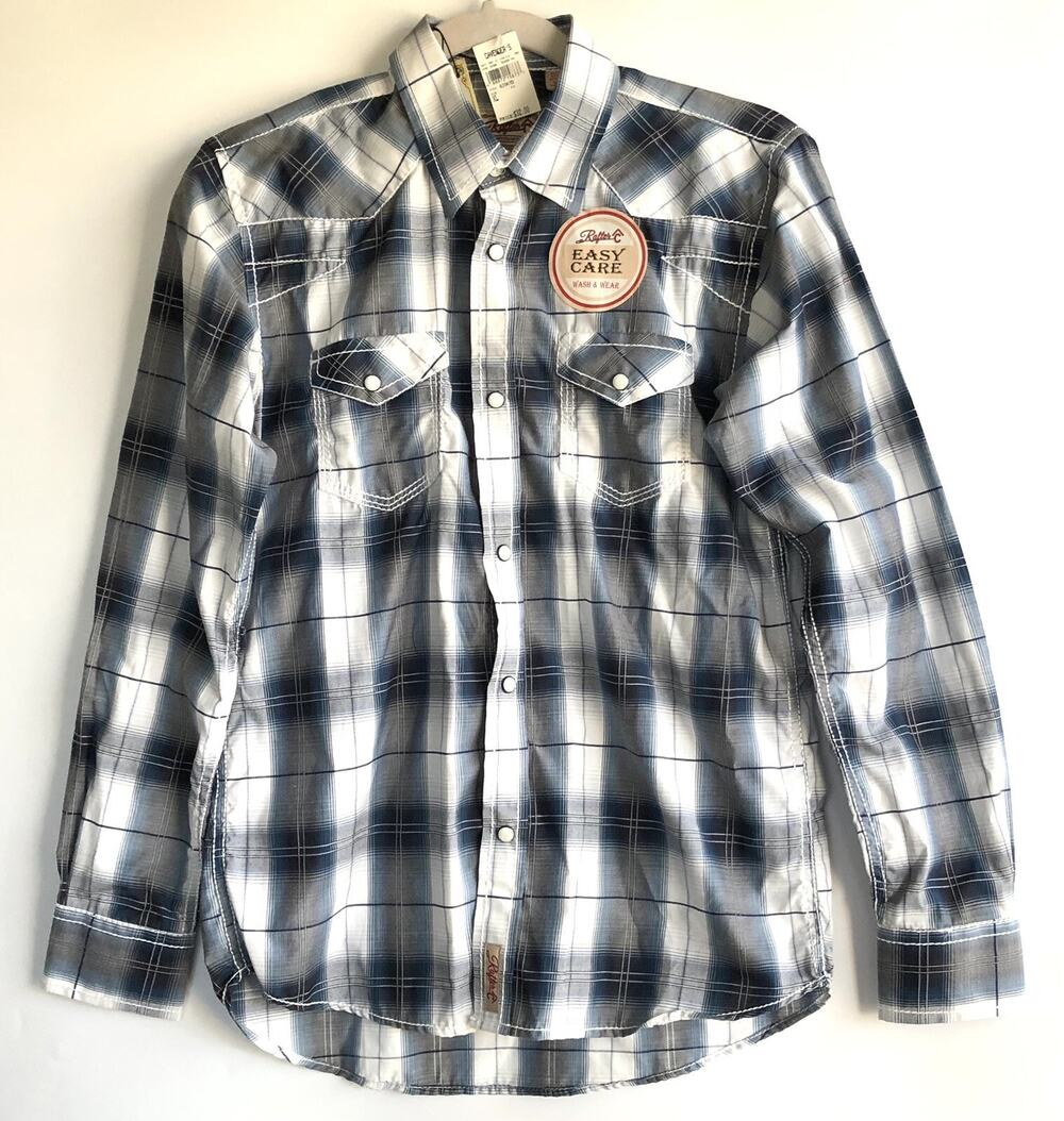Rafter C Boys Size XL Blue Gray Plaid Pearl Snap Western Shirt Pockets
